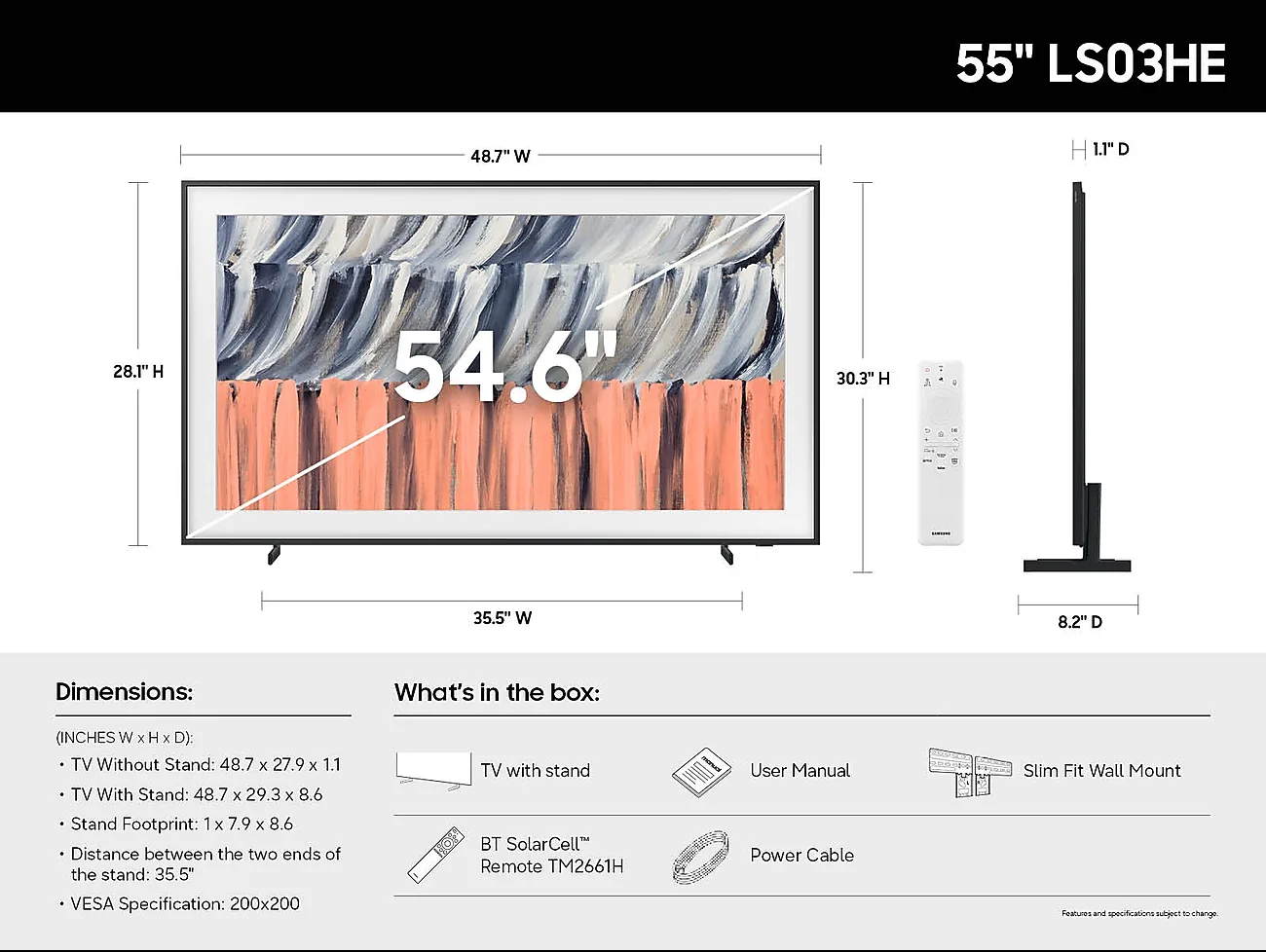 Samsung's dimensions and what's in the box sheet for the 55-inch 2026 Frame LS03HE: TV with stand, user manual, Slim Fit Wall Mount, SolarCell remote and power cable, with no One Connect box