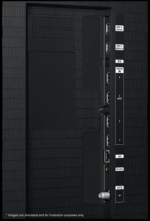 The back of the 2026 Samsung Frame TV showing a recessed bay of side-facing ports: two USB, optical, HDMI 4, HDMI 3 eARC, HDMI 2, HDMI 1, LAN, EX-Link and antenna